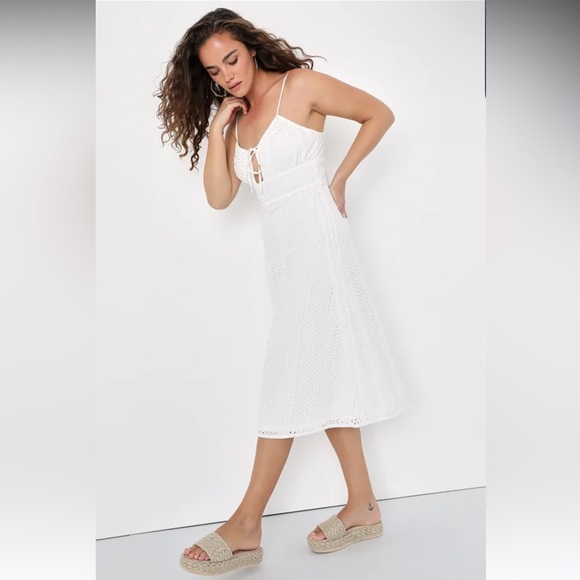 Adored Aura White Eyelet Embroidered Cutout Midi Dress NWT | Lulus - Picture 1 of 4